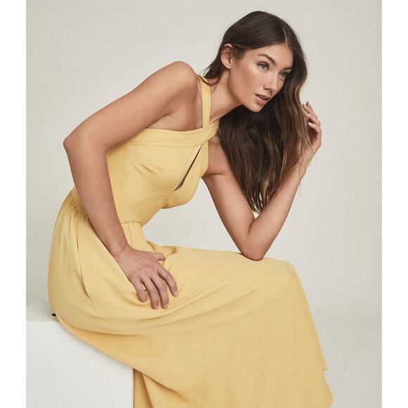 NWT Reiss Orla Mustard Yellow Criss Cross Halter Midi Dress US 2 - Picture 2 of 10